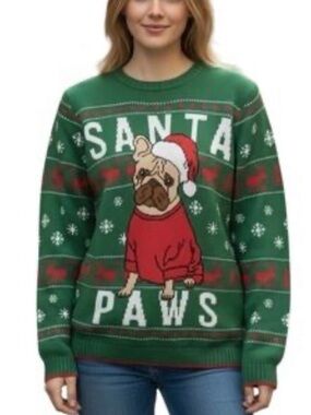 Holiday Time‎ French Bulldog Santa Paws Ugly Christmas Sweater Green XXL